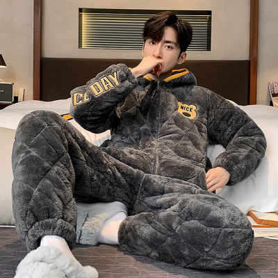 睡衣男士秋冬季三层夹棉珊瑚绒超厚加厚加绒保暖棉袄冬款连帽套装