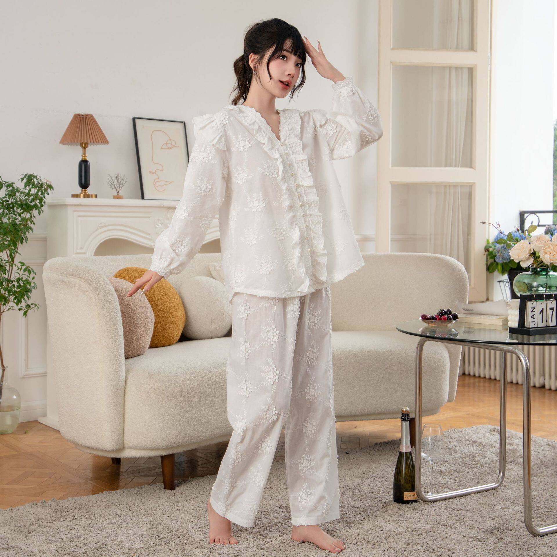 睡衣女春法式公主宫廷风浮花立体感开衫套装重工刺绣高级感家居服