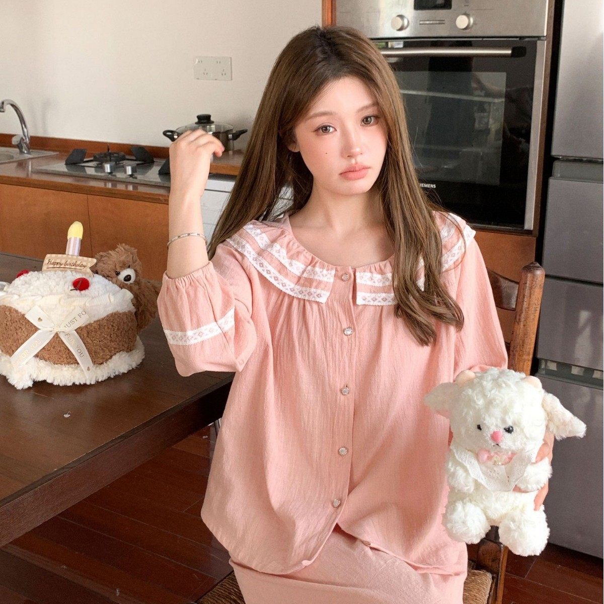 Yase【海格蛋糕】2025春秋季韩版纯棉甜美蕾丝宽松舒适家居服套装