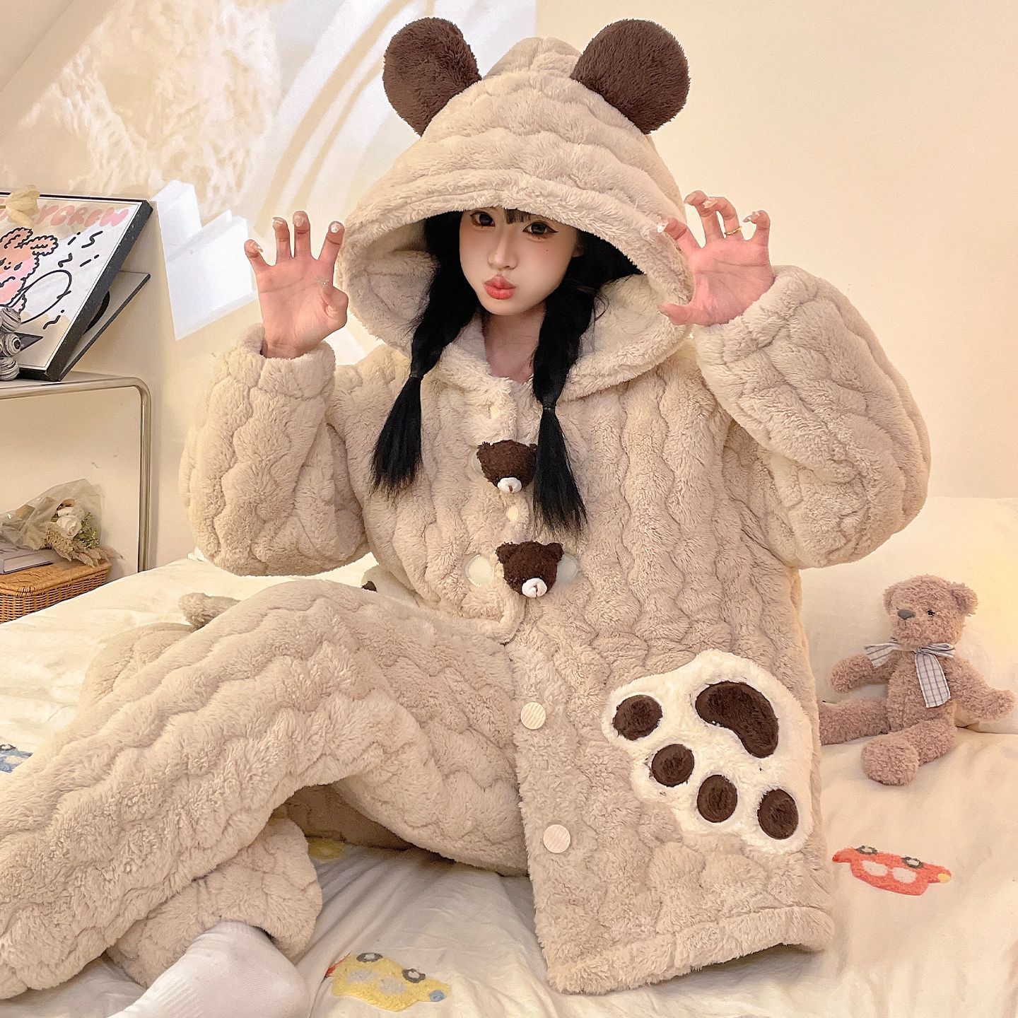 冬季新款三层夹棉睡衣女士加绒加厚卡通连帽棉袄可外穿家居服套装
