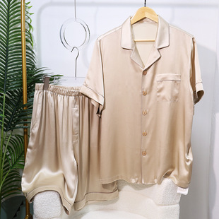 新款 中裤 重磅真丝睡衣套装 短袖 100%桑蚕丝家居服父亲节 男士 24夏季