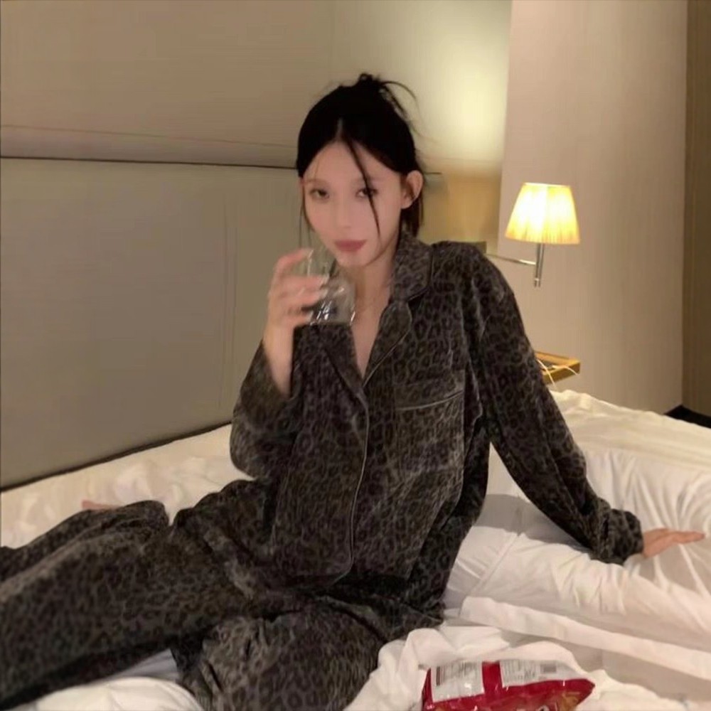 2024秋冬爆款兔毛豹纹睡衣套装女秋季新款美式复古轻奢气质家居服