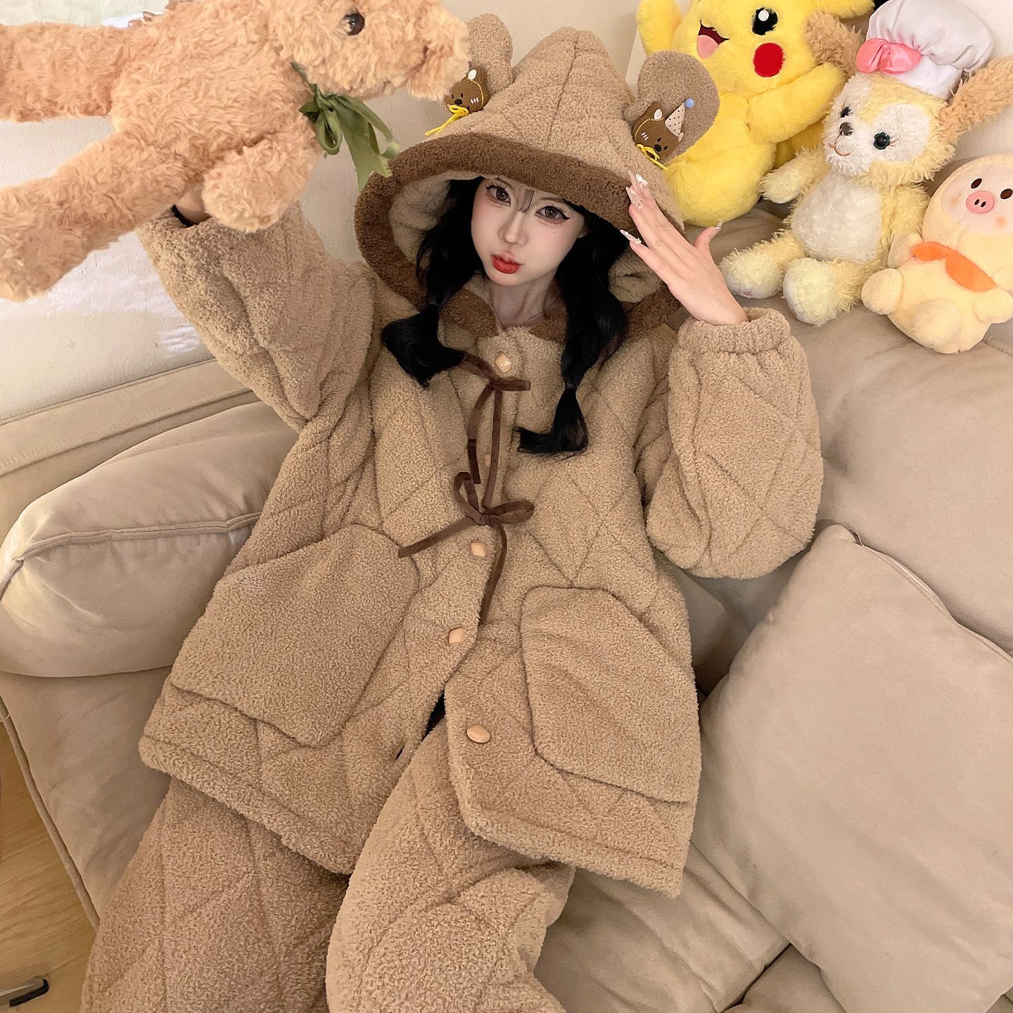 冬季新款三层夹棉睡衣女士加绒加厚卡通连帽棉袄可外穿家居服套装