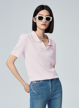 普普风商场同款2025年夏季短袖简约女士针织衫精致翻领毛衫22599