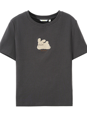 普普风商场同款女装简约圆领短袖休闲上衣小兔子毛巾绣T恤女23074