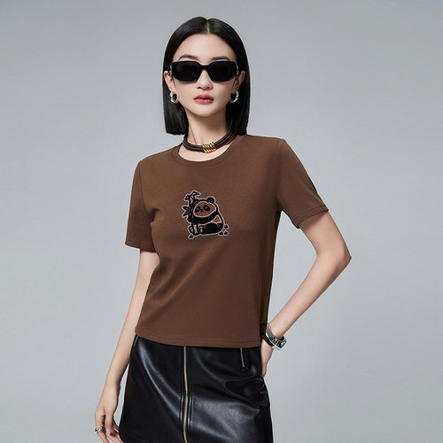 普普风可爱熊猫线条烫钻正肩短款T恤PC1T21603S