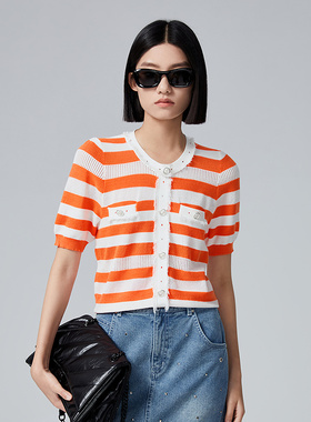 普普风商场同款女装夏季短袖宽松百搭上衣条纹圆领针织毛衫22640