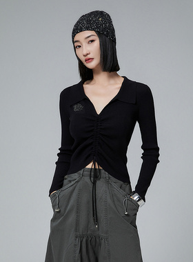 普普风渐变条纹V领抽褶修身毛衫女2024秋季新款显瘦气质上衣21552