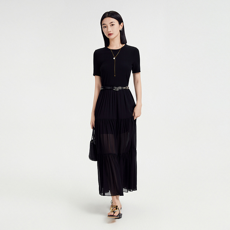 普普风针织拼雪纺半透视黑色连衣裙(配项链)女2024夏季新款20962