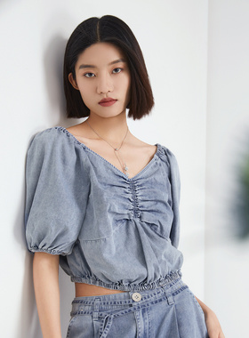 普普风方领牛仔上衣女2024新款蓝色两穿短款小个子20656S