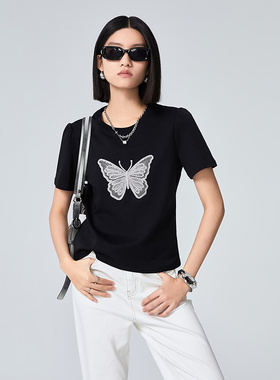普普风蝴蝶刺绣泡泡袖T恤女夏小个子黑色短款显瘦气质百搭22342S