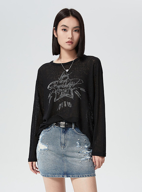 普普风商场同款长袖圆领宽松长袖t恤上衣炫酷时髦烫钻大T恤23357