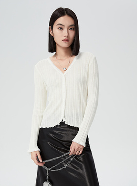 普普风秋季新款简约气质显瘦针织开衫温柔风蕾丝边V领针织衫9727