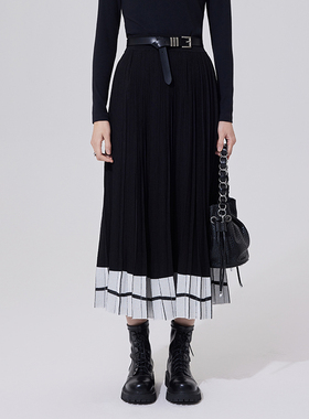 普普风黑色荷叶边半身裙秋冬新款显瘦拼色褶锏针织半裙19630