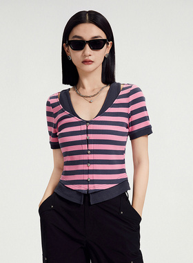 普普风假两件撞色条纹女2024秋季新款韩版时尚短袖T恤21399