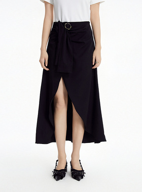 普普风高开叉抽皱扭结半裙女2024夏季新款黑色小众设计感21066