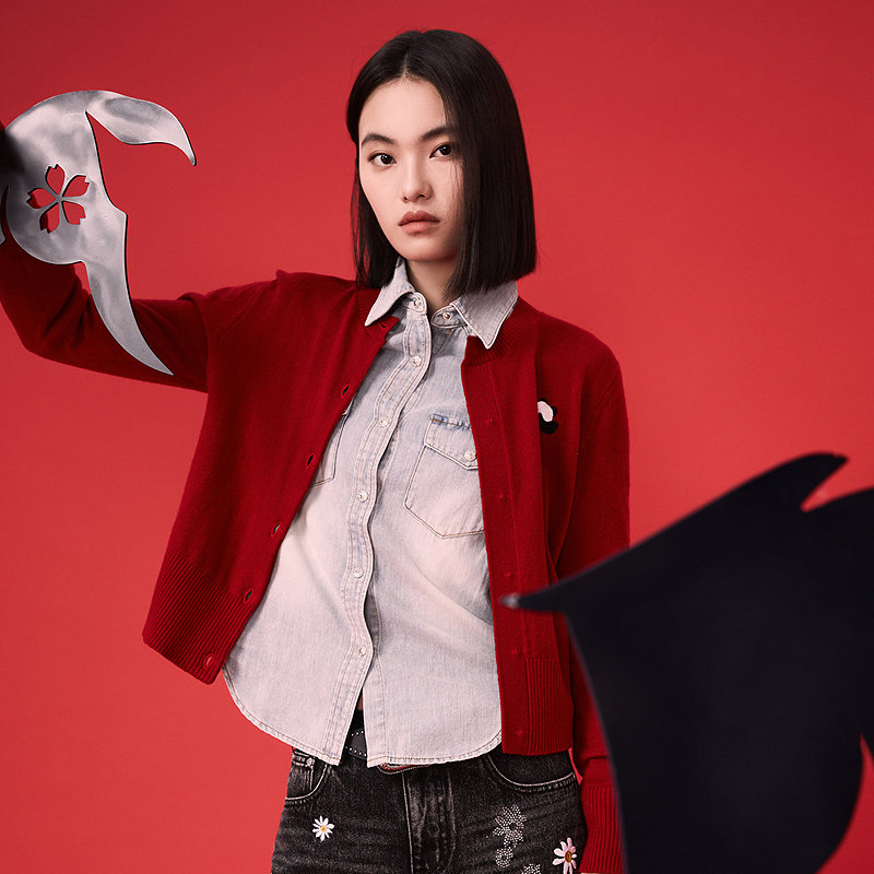 普普风商场同款时尚个性百搭长袖刺绣针织开衫小熊猫绣花毛织开衫