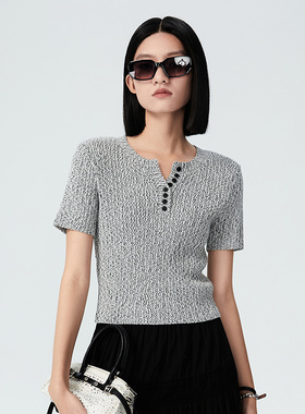 普普风2025年新款时尚气质显瘦上衣V领花纱修身毛衫女QC2M22875S