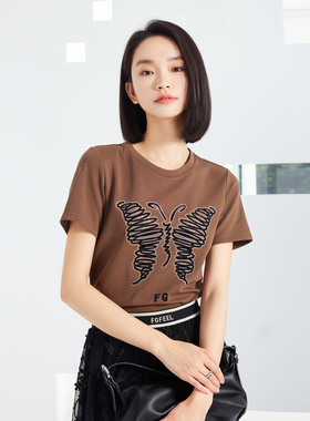 FGFEEL/普普风 轻奢蝴蝶烫钻T恤女美式复古圆领正肩短袖上衣20056