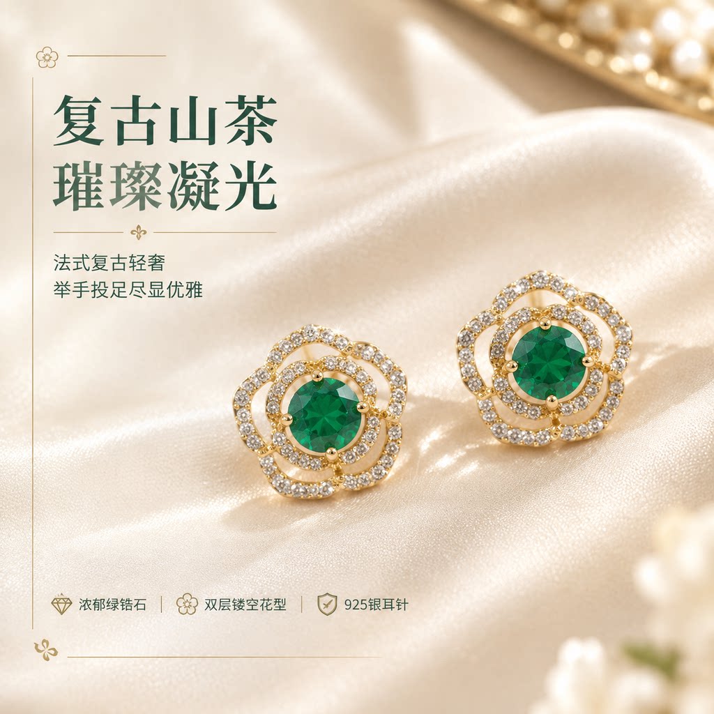 法式绿宝石花朵耳钉女镶钻复古轻奢耳饰奢华高级感轻奢首饰闪耀
