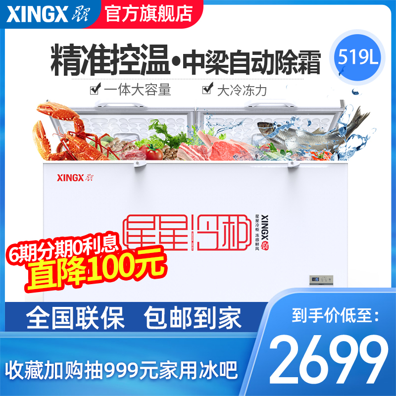 XINGX/星星 BD/BC-519E 大冰柜商用冷柜大型冷冻冷藏卧式单温雪柜(用1100元券)