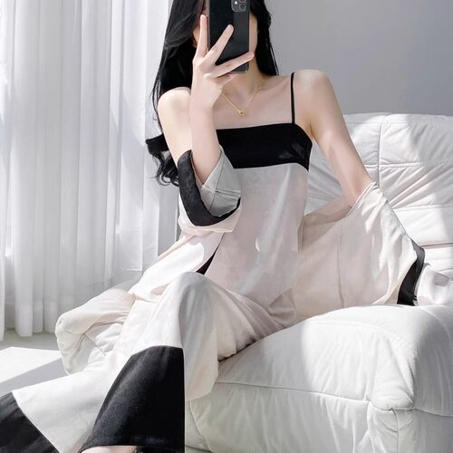 冰丝感提花女睡衣三件套可外穿