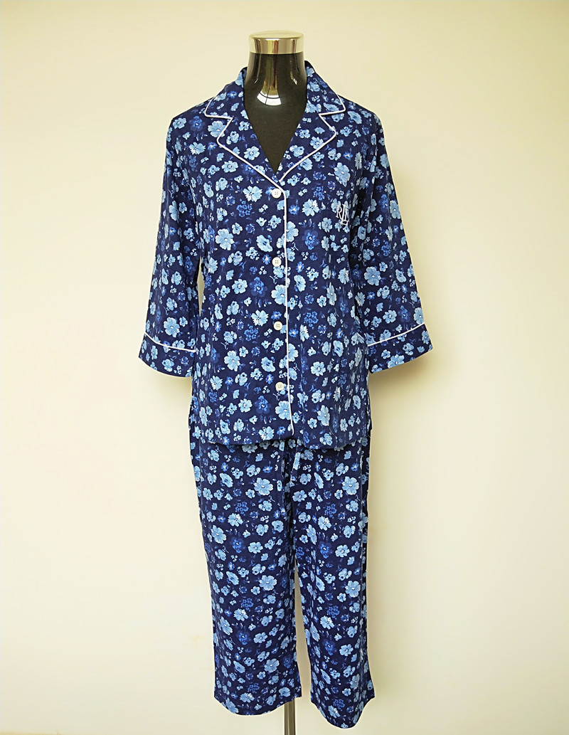 衬衫领开胸长袖皮筋睡裤家居服