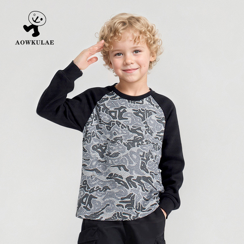 春秋童装时髦韩版儿童休闲长袖体恤衫男孩子宽松迷彩撞色套头卫衣