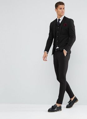 R英国正品代购黑色绅士型男超修身笔挺商务休闲宴会英伦西服套装