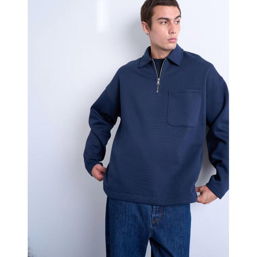 美女当家英国代购2025年秋款海军蓝半拉链胸前口袋休闲风男装卫衣