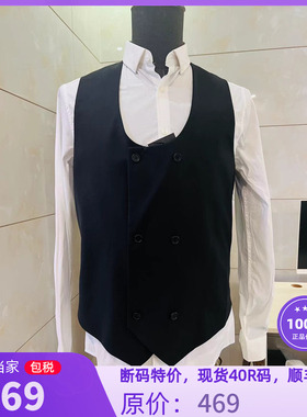 R英国直邮新款黑色U形领帅气型男修身双排扣西服马甲英伦绅士范搭