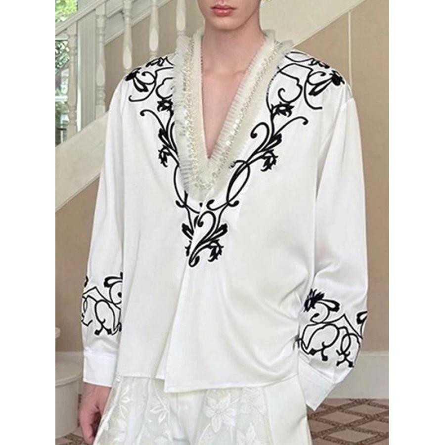 赞美女当家英国代购2025新款深V领休闲时尚刺绣松弛感男长袖衬衣