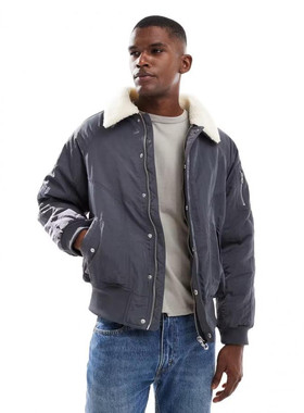 美女当家英国代购秋浅灰色撞色全新borg领复古质感男装飞行员夹克