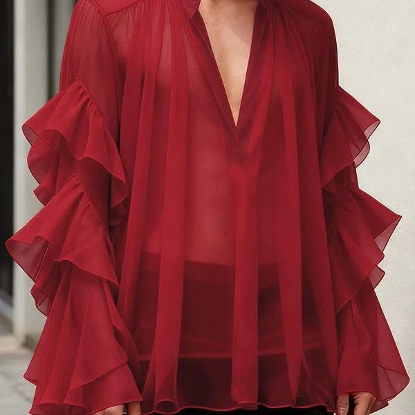 赞美女当家英国直邮2025新款深V领荷叶边透视吸睛时尚男长袖衬衣