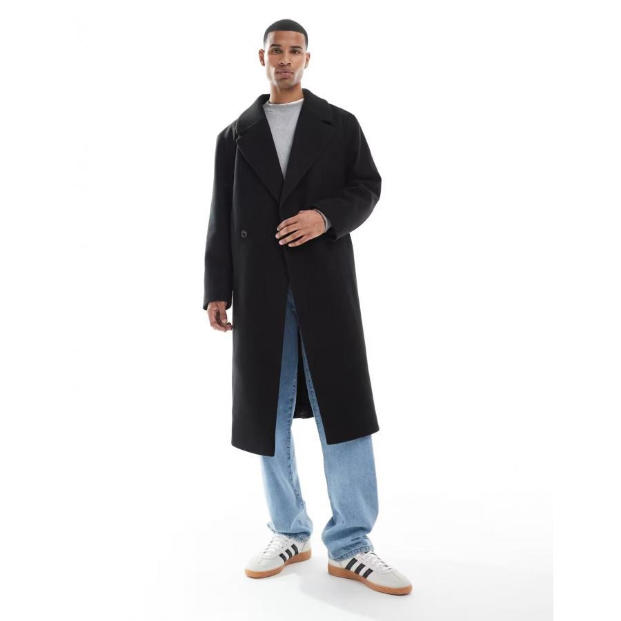 美女当家英国代购秋冬款黑色长款纽扣紧固慵懒高级感男士毛呢大衣