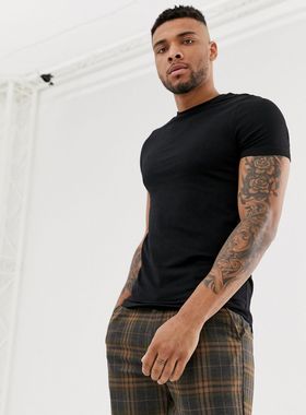 R英国代购直邮特价黑色酷感时尚吸睛型男帅气修身短袖T恤气质休闲