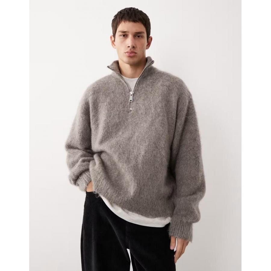 美女当家英国代购2025年秋冬棕色半拉链羊毛混纺蓬松时尚男装毛衣