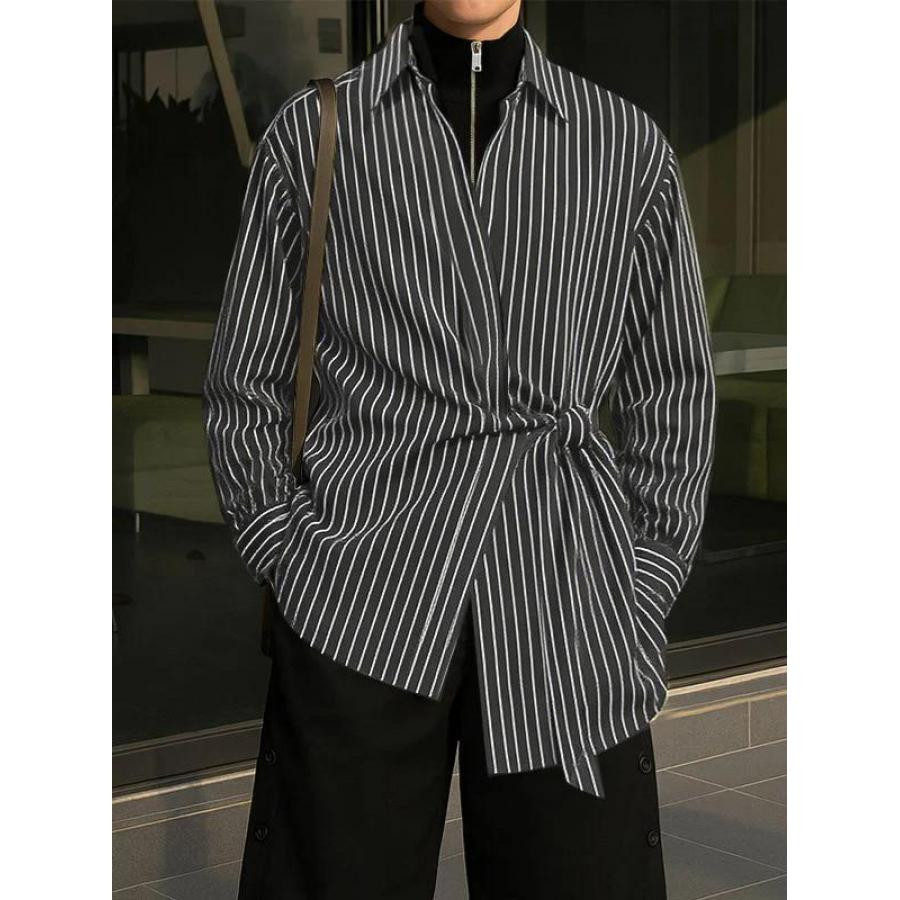 美女当家英国代购2025新款条纹绑带不规则设计感休闲时尚长袖衬衣