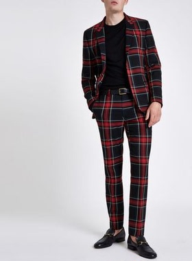 R美女当家英国代购苏格兰风格子男秋季商务休闲红色格纹西服套装