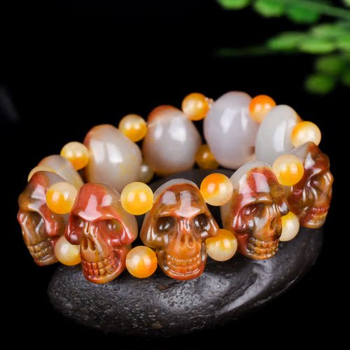 天然云南黄龙玉骷髅头手链男士手串天然玉石玉器鬼头手排带证书