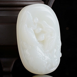 新疆和田玉籽料羊脂白玉鱼手把件连年有余玉挂件玉荷花手把件摆件