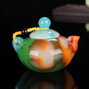 天然新疆和田玉鸡血红玉茶壶彩玉茶具把把壶酒壶玉壶手把件