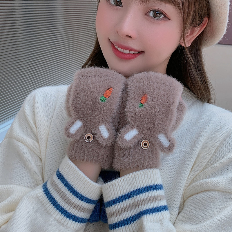 半指手套翻盖保暖露半截加厚毛绒包全指男女初中学生儿童防寒冬天