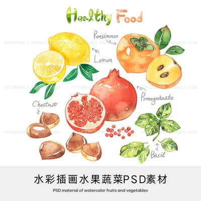 清新卡通水彩水果蔬菜柠檬桃子香蕉茄子木瓜插画PSD海报设计素材2