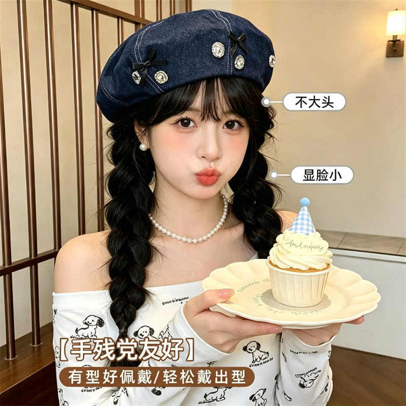 蓝色牛仔贝雷帽子女黑蝴蝶大头围韩系甜美蓓蕾帽子显脸小文艺画家