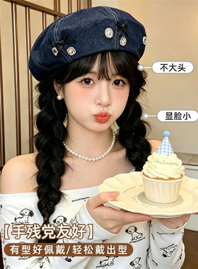 蓝色牛仔贝雷帽子女黑蝴蝶大头围韩系甜美蓓蕾帽子显脸小文艺画家