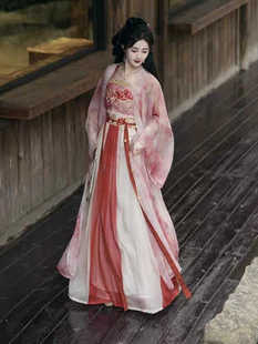 出租宋制汉服女长褙子红色水墨牡丹吊带间色褶裙春夏日常拍照