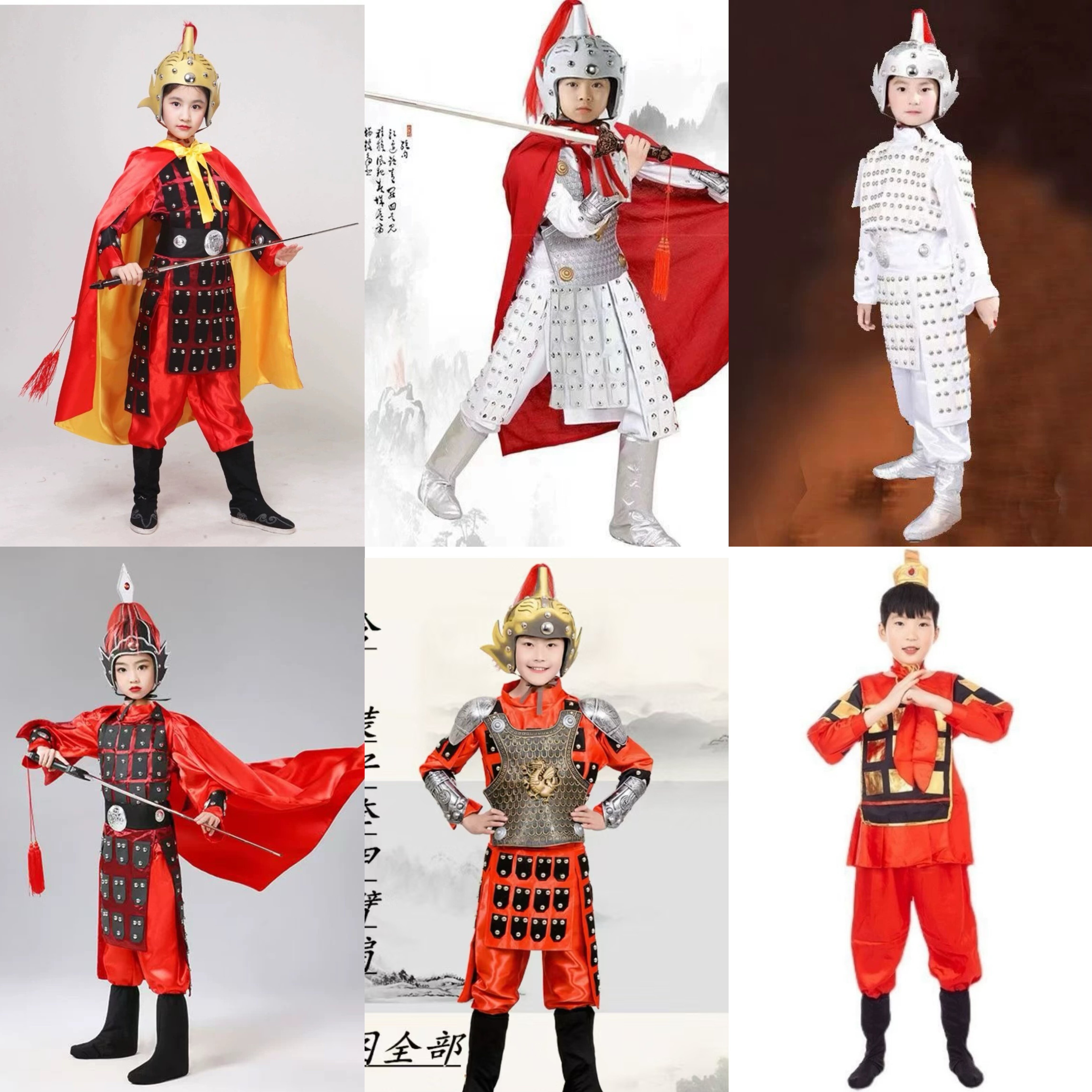 出租儿童古代将军岳飞盔甲演出服杨家将花木兰古装战袍士兵表演服