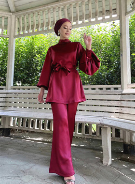 迪拜阿拉伯民族风纯色长袖上衣长裤两件套 Arab Women Robe Suits