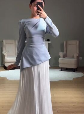 阿拉伯新款轻礼服长袖收腰上衣长裙连衣裙女 Women Party Dress